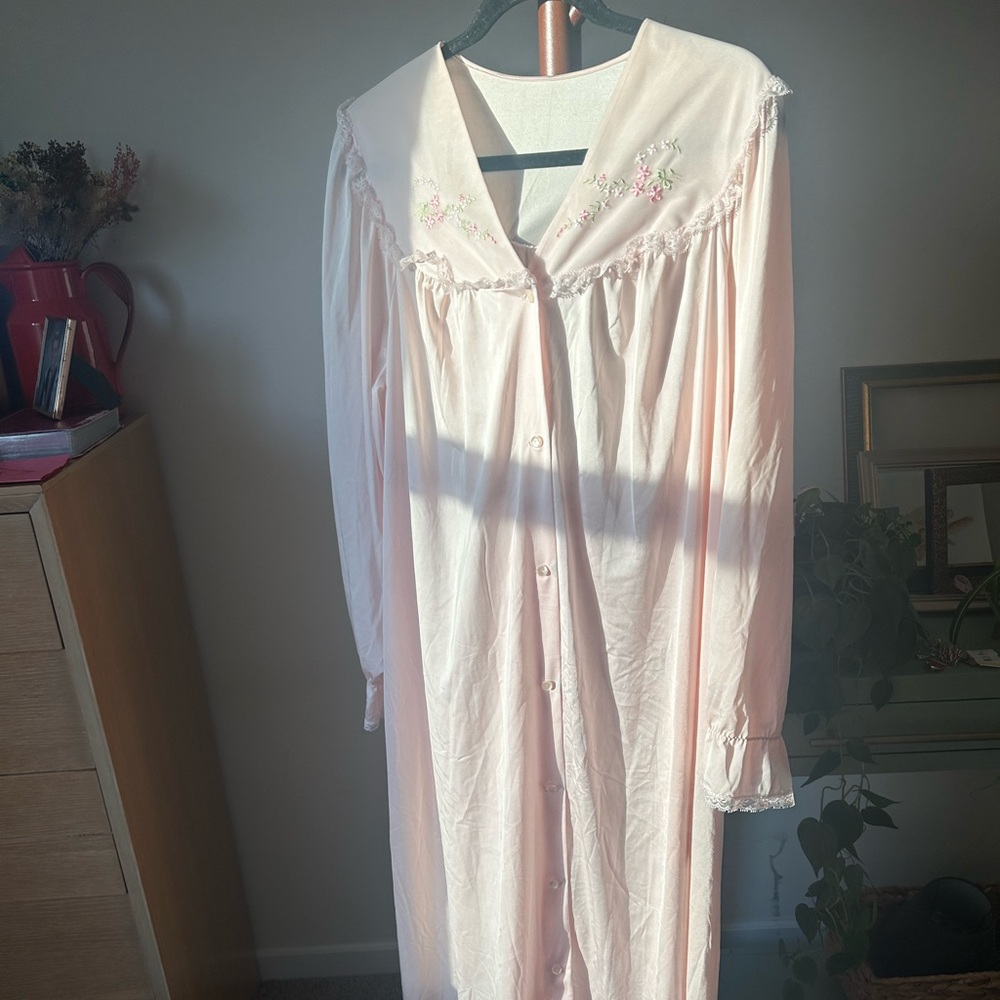 Vintage Pink Lace Nightgown Cottagecore Floral Embroidered Prairie Maxi